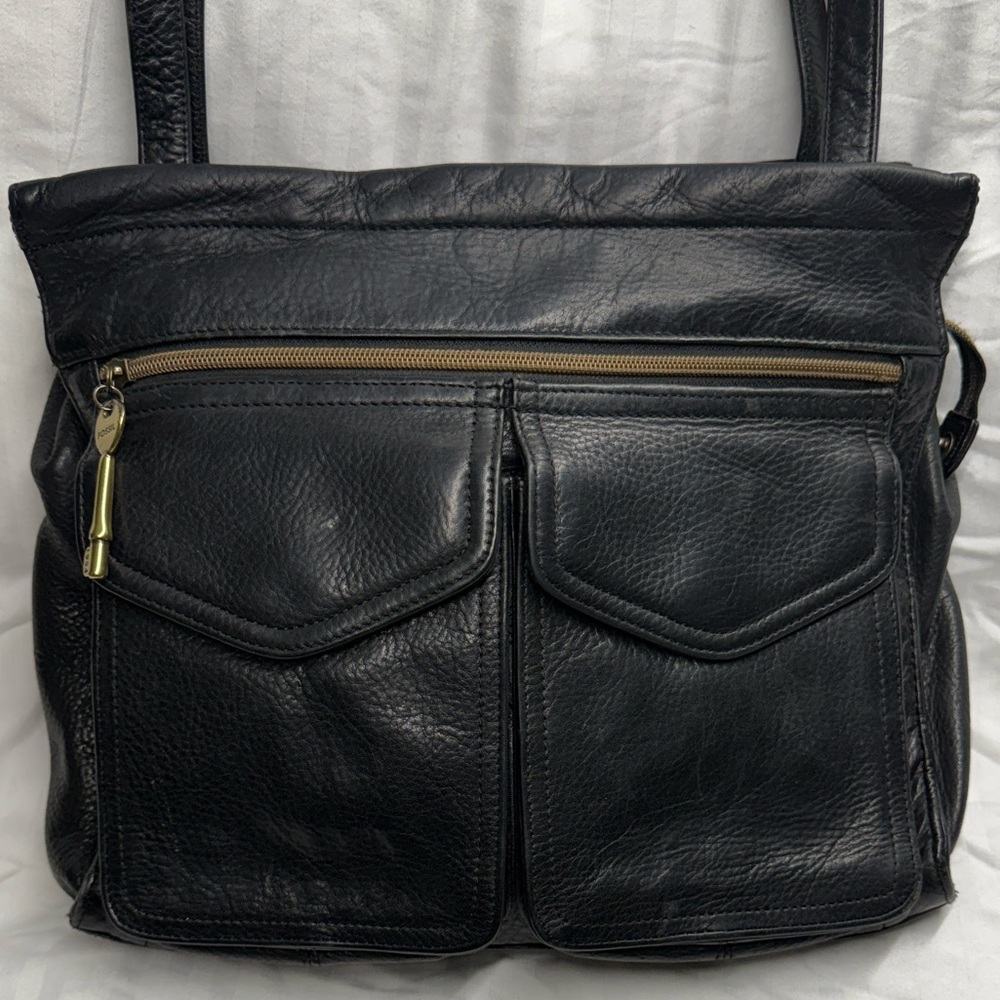 Vintage Fossil Black Leather Bag with Gold Accents